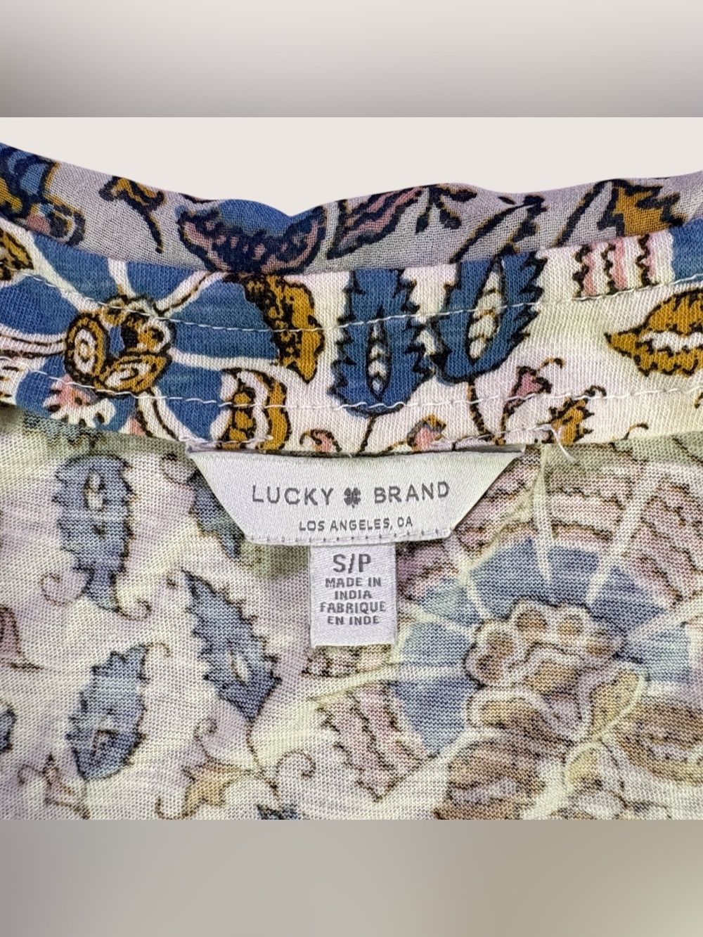 Lucky Brand Floral Flutter Ruffle Sleeved‎ Mustard/Blue/Coral Top – Women’s S